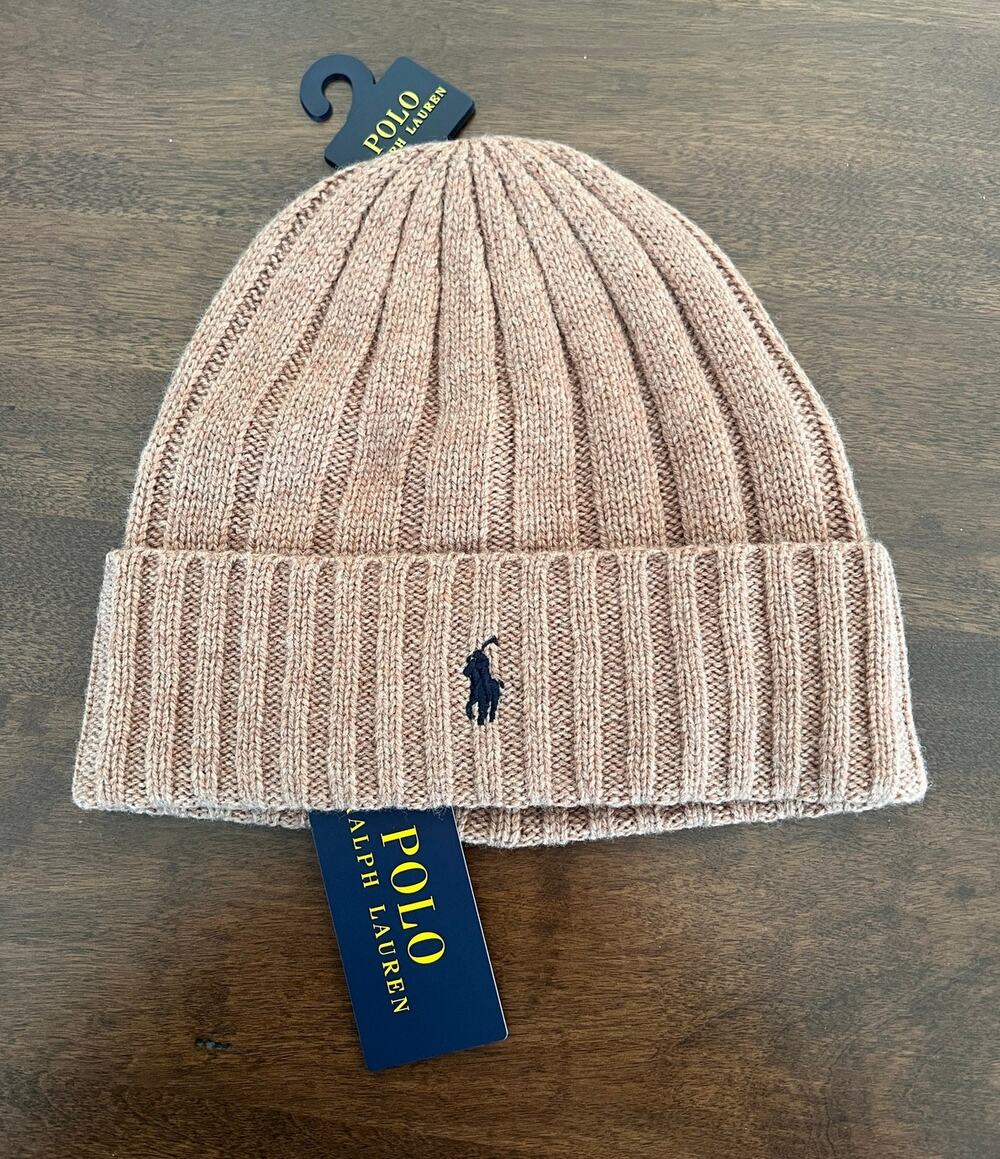 Polo Ralph Lauren Beanie Mens Camel Tan Navy Pony Wool Blend Rib Knit Cuffed NEW